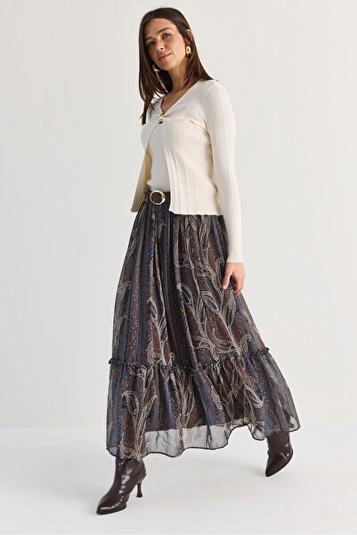 Bianco Lucci Women's Shawl Patterned Belted Ruffle Detailed Lined Long Chiffo...