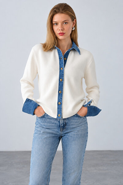 Lupies Women's Cream Buttoned Knitwear Cardigan with Denim Detail