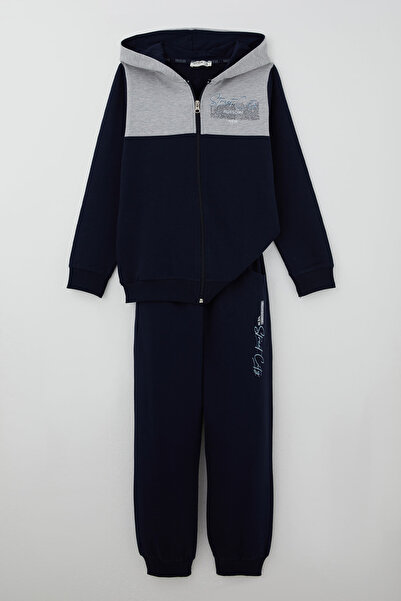 Breeze Boy's Tracksuit Set with Color Block Hooded Zipper, Ages 5-9, Navy Blue