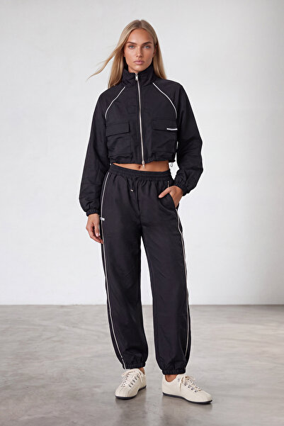 Trend Alaçatı Stili Women's Black Piping Detailed Zippered Suit with Elastic ...