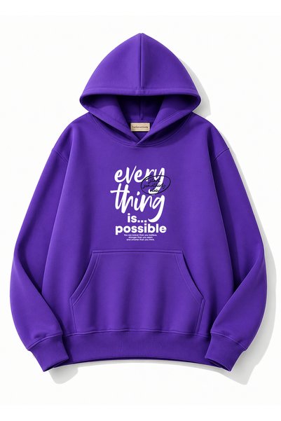 herkesemoda Every Think Print Detailed Hooded 2 Thread Sweatshirt