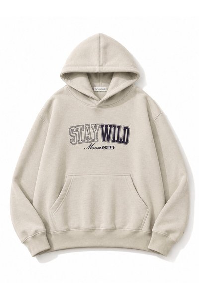 herkesemoda Hanorac supradimensionat cu imprimeu Stay Wild și buzunar tip cangur