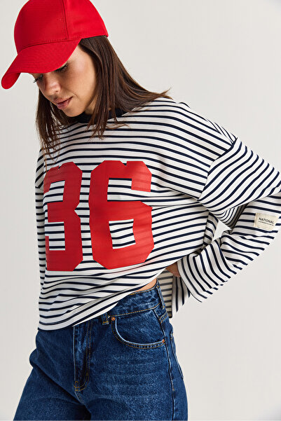 Bianco Lucci Women's Oversize Striped 36 Printed Long Sleeve T-Shirt 12680 60...