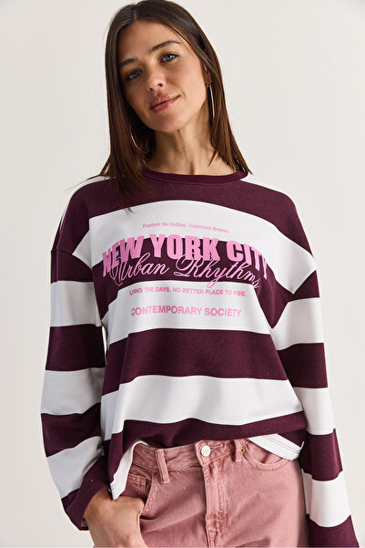 Bianco Lucci Women's Oversize Striped New York Printed Sweatshirt Mb9575 6028...