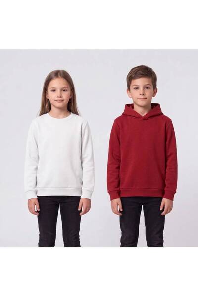 Çoçuk Unisex 2'li Sweatshirt Seti- 1 Sweat+ 1 Hoodie- Pamuklu