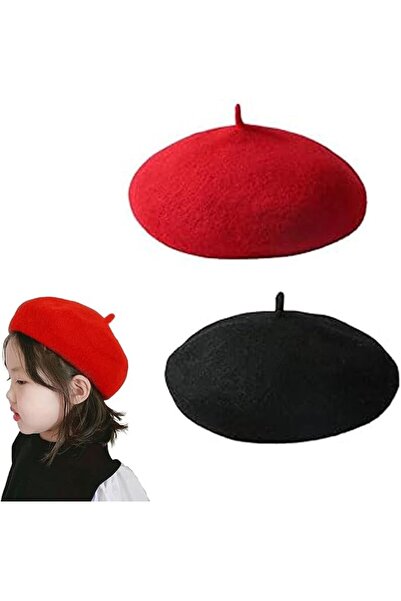 Generic 2 Pack Kids Beret Hats, Classic French Caps, 48-52 cm, Red & Black