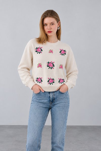 Lupies Women's Cream Crew Neck Floral Patterned Wool Sweater
