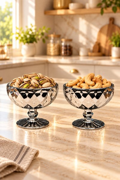 LOVAL Set of 2 Glass Bowls with Footed Base, Silver Titanium Plated, Snack Bowl, Candy Bowl, Presentation Bowl, Turkish Delight Bowl, Luxury Serving Set, Gift Dowry Box