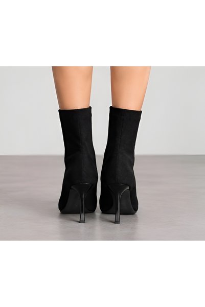 Ornaz Shoes Black Suede Pointed Toe Thin Heeled Stretch Boots