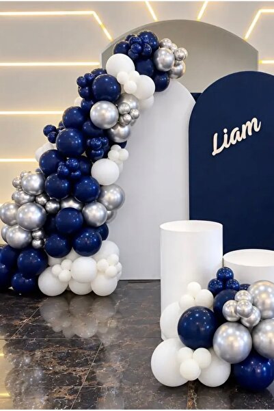 Çemrek Süs Parti Navy Blue White Silver Chrome Balloon Chain Set of 100