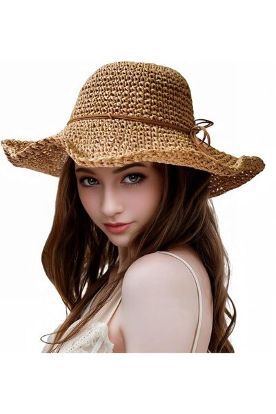 AZONEE قبعات شمسية نسائية من القش للشاطئ، قبعات كروشيه يدوية الصنع قابلة للطي...