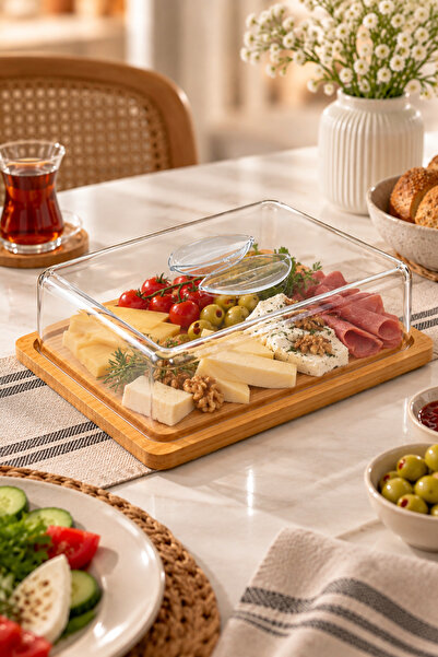 NOKKA وعاء تقديم بغطاء من الخيزران - وعاء للجبن بغطاء شفاف، وصينية للإفطار وا...