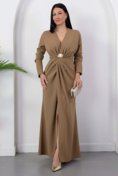 PULLIMM V-Neck Slit Buckled Long Sleeve Dress K-262739