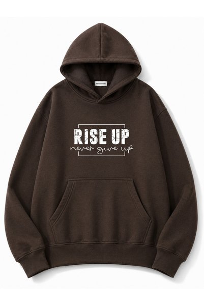 herkesemoda Rise up Hooded Printed Oversize Sweatshirt with Kangaroo Pocket