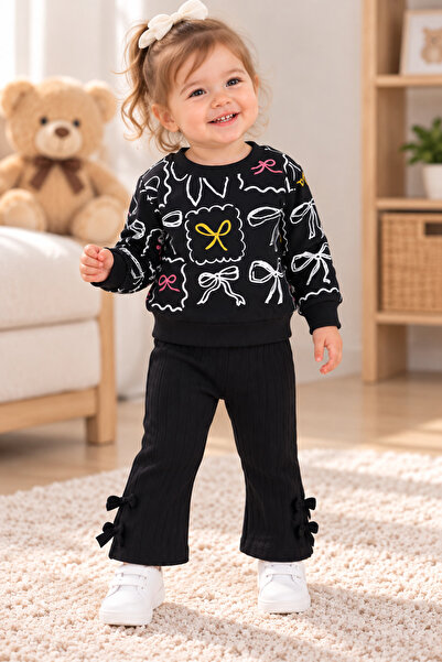 SERPİL Baby Girl Bowknot Patterned 2'Li Set Black Long Sleeve Sweatshirt and ...