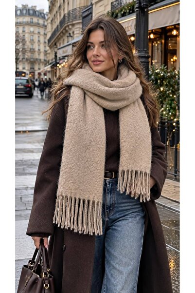 MARBERRY Beige Lux Puff Tasseled Soft Textured Thick Women's Shawl