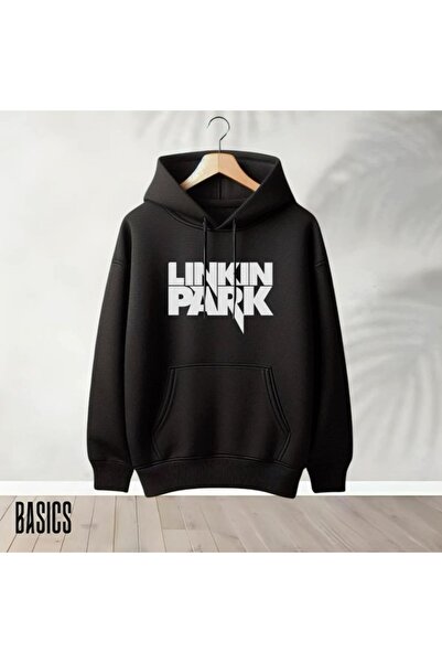 Vordevia Hanorac oversize din bumbac imprimat Linkin Park, cu 3 fire, cu deta...