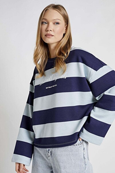 armalife Baskılı Çizgili Geniş Kol Rahat Kalıp Sweat