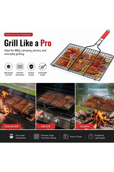 Generic Non-Stick BBQ Grill Basket with Long Handle, Stainless Steel Grill Mesh Basket for Meat, Vegetables & Fish, Portable Barbecue Grilling Basket for Charcoal Grill, Gas Grill, Camping & Outdoor Cooking
