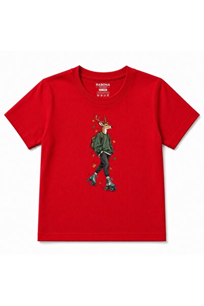 Rabona Fashion Детска тениска с графика на елен, яздещ ролери, и есенни листа