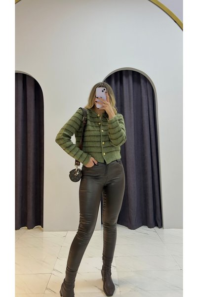MERVENS Brown Green Gold Button Detailed Cardigan