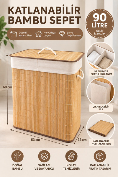 NOKKA 90 Litre Katlanabilir Bambu Çamaşır Sepeti – 2 Bölmeli, Çıkarılabilir F...