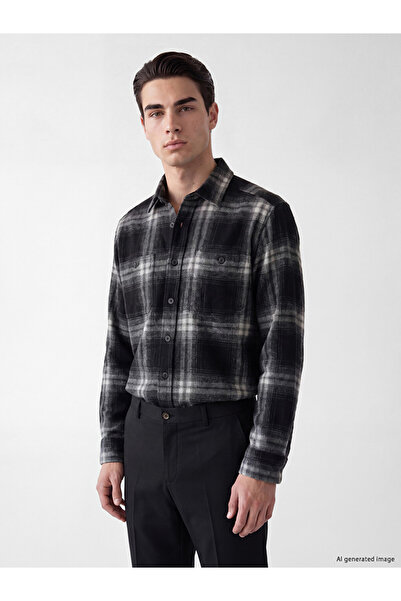 LC Waikiki Ozmarka New Season Black Relax Fit Plaid Gabardine Men's Shirt