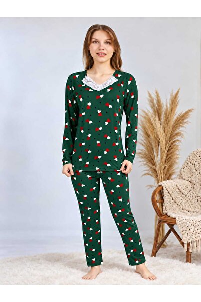 Umi Han Tekstil Kırmızı-Beyaz Kalpli Yeşil Pijama Altı