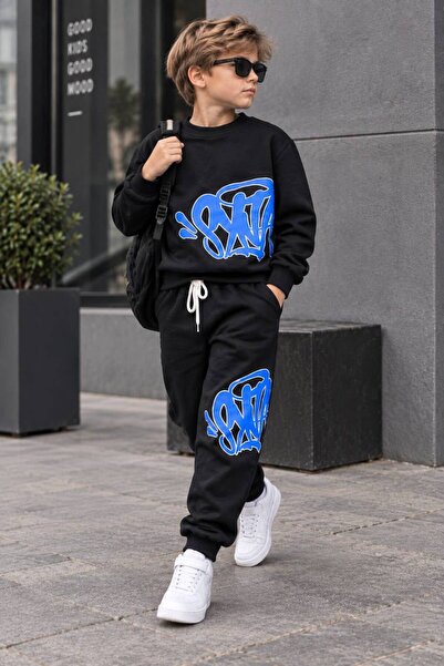 SERPİL Boys' Black and Blue Printed 2-Piece Tracksuit Set – Sweatshirt and Jo...