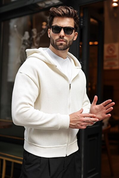 Madmext Ecru Hooded Zippered Men's Knitwear Cardigan E7208