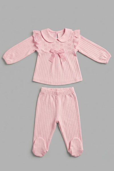 zumino Bowknot Detailed Ruffled Embroidered Top & Booties Bottom Baby Girl Set