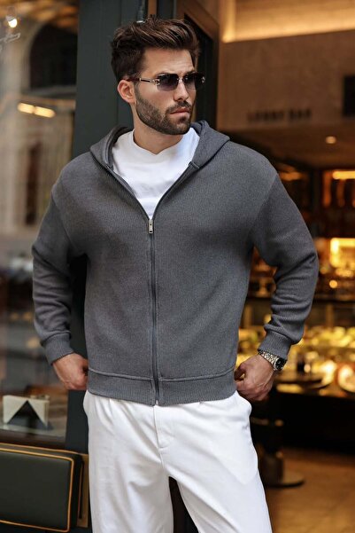 Madmext Smoked Hooded Zippered Men's Knitwear Cardigan E7208