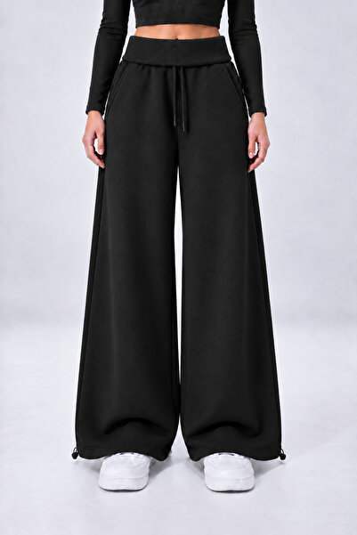Miss Allos Black 3-Thread Ribbed Waist Folded Wide Leg Oversized Sweatpants