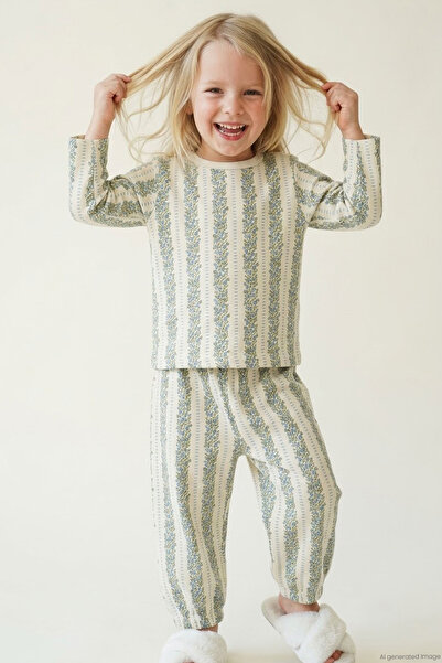 Breeze Baby Girl Pajama Set Blue Floral Flower Patterned Striped 9 Months - 3...
