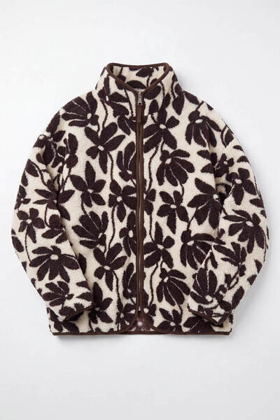 Sue Store Brown Ecru Daisy Patterned Zippered Oversize Plush Sweatshirt