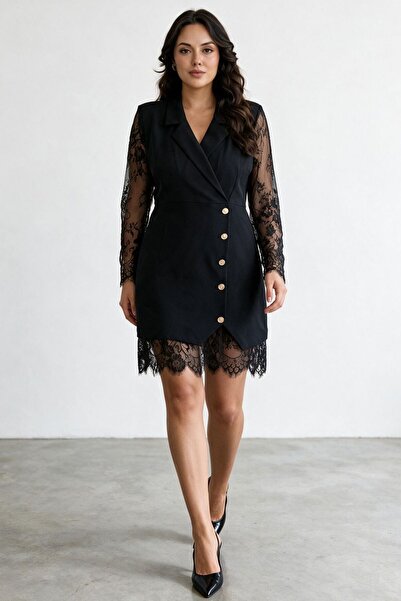 Moda Amore Women's Black Crepe Dress Lace Sleeves Double Breasted Collar Butt...