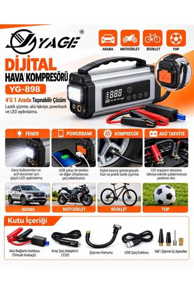 Yage YG-898 4’ü 1 Arada Taşınabilir Dijital Hava Kompresörü, Akü Takviye, Powerbank ve LED Fener