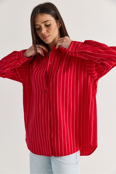 Bianco Lucci Women's Red Striped Flowy Relaxed Fit Long Sleeve Shirt 2165 60286582