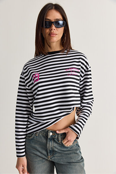 Bianco Lucci Women's Striped Digital Print Detailed Oversize Long Sleeve T-Sh...