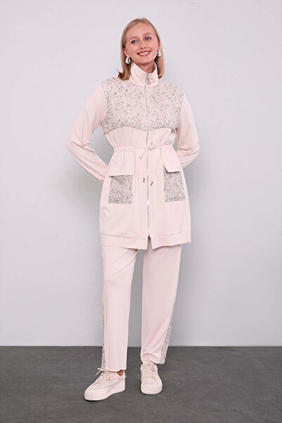 Levidor Sequin Pocket Detailed Double Suit Beige