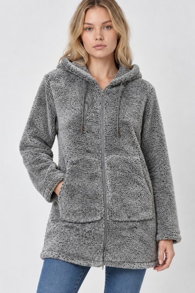 EtkiModa Kadın Kapşonlu Uzun Peluş Ceket