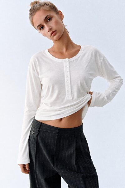 5in1Canpolat White Buttoned Long Sleeve Basic T-Shirt 2664