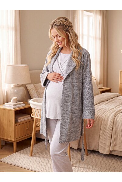 Lohusa Homewear New Season Gray Jacquard Shawl Collar Winter Breastfeeding Fe...