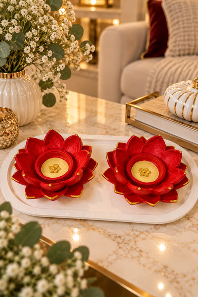BUBUHOMEDECOR Kırmızı Lotus 2’li Dekoratif Mumluk Seti – Gold Detaylı El Yapımı