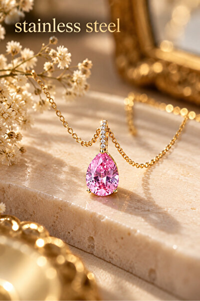 stainless steell Gold Color Row Stone Pink Drop Model Steel Necklace