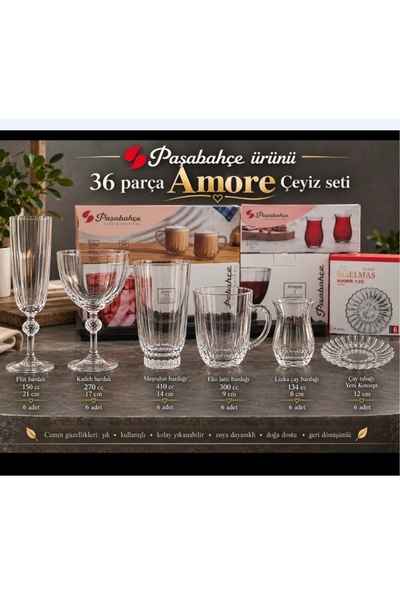 Paşabahçe 36 Parça sofra çehiz set AMORE Model flüt kadek meşrubat Latte ve ç...
