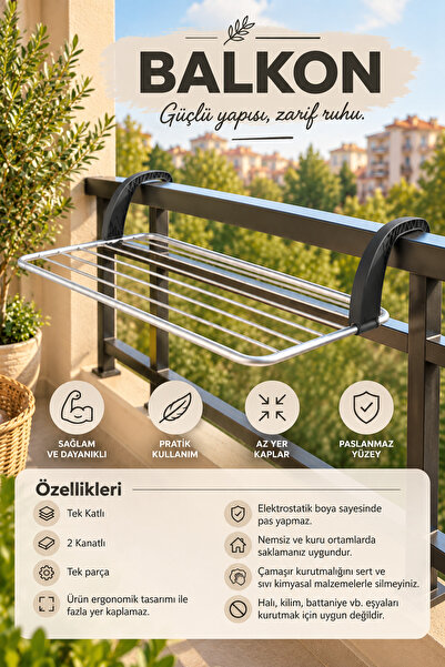 Perilla Dirsekli Katlanabilir Balkon Çamaşır Kurutmalık Siyah/Gri - Balkon As...