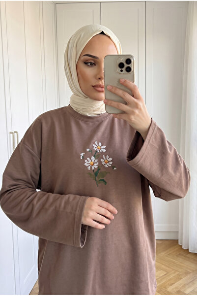 Kirazca Butik Women's Daisy Embroidered Oversize Combed Cotton Tunic
