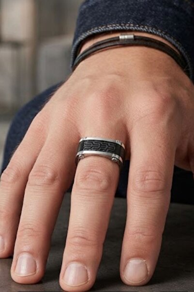HOŞGÖR ACCESSORIES Men's Patterned Steel Ring