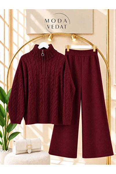 MODA VEDAT Women's Knitted Patterned Zippered Knitwear Set -0500